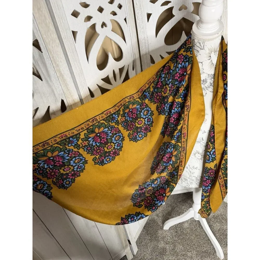 Vintage Colorful Floral Yellow 70s Gold Scarf 70in X 28in Boho
